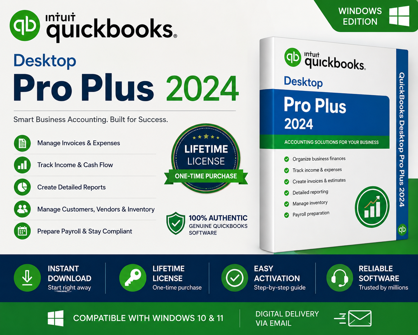 QuickBooks Desktop Pro Plus 2024 Lifetime License for Windows | One-Time Purchase | Instant Delivery